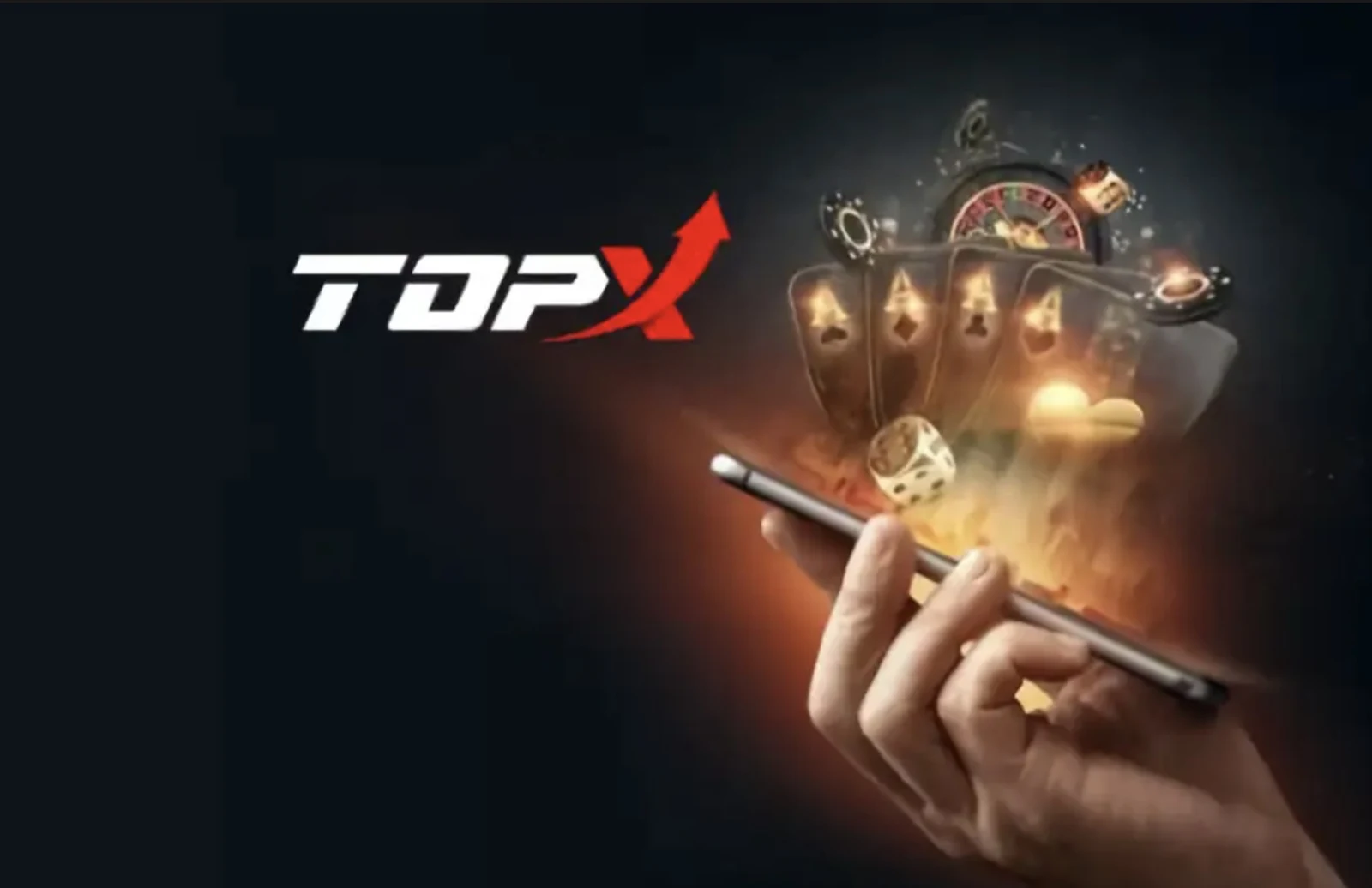 Imagen de marca de TopX: teléfono con cartas y dados